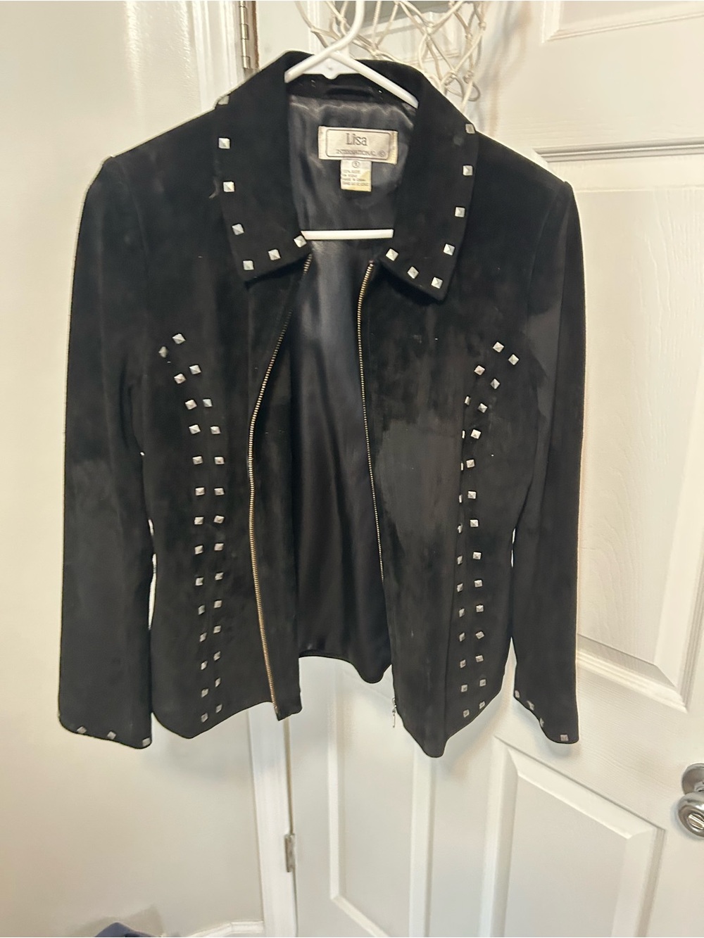Lisa Black Suede Studded Zip-Front Leather Jacket